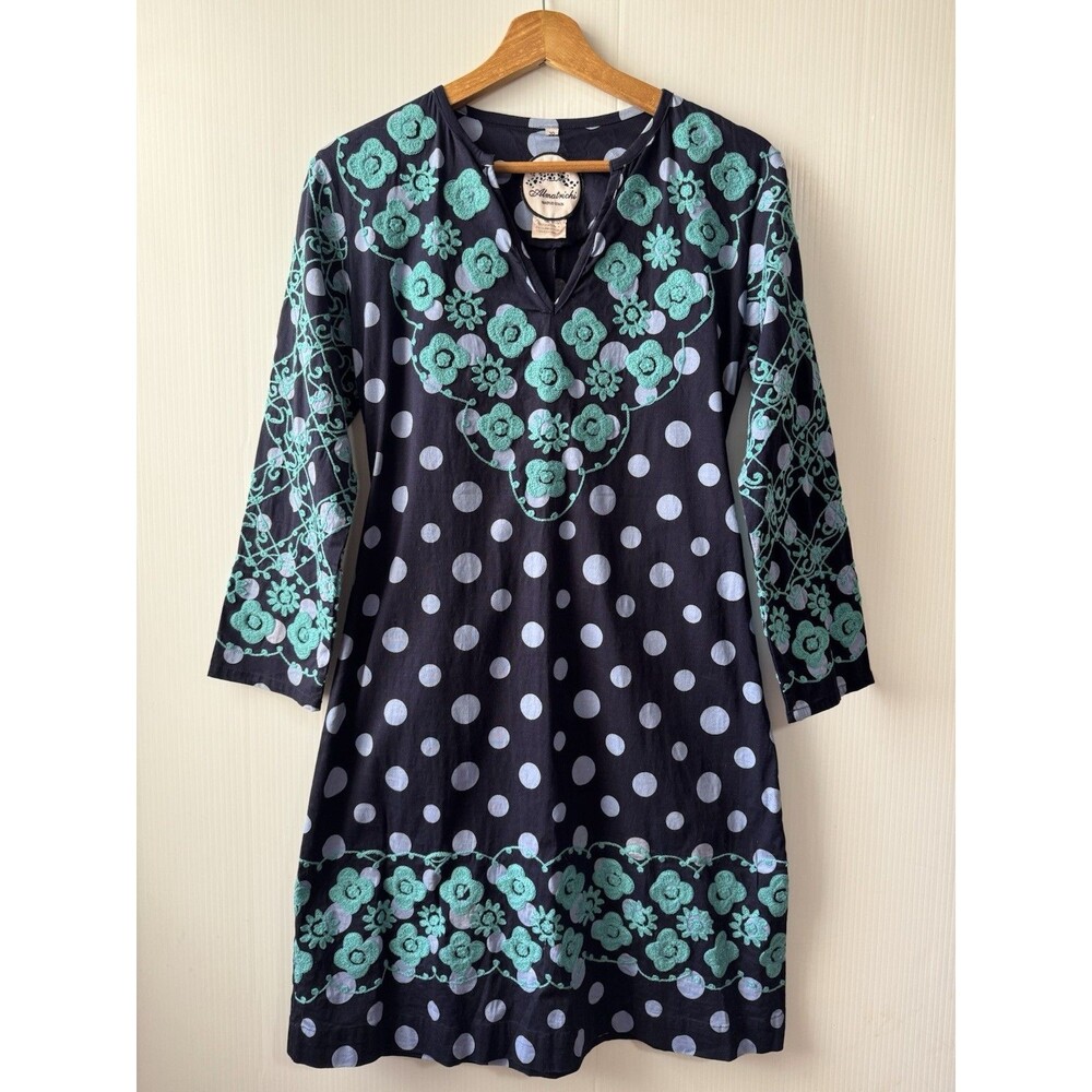Almatrichi Madrid Spain Sz 36 Tunic Dress Navy Blue Polka Dot Floral Embroidered